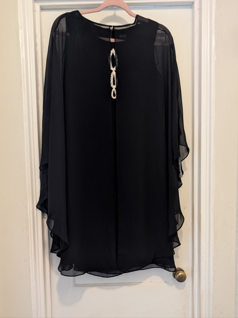 SLNY Black Chiffon 2 Piece Midi dress and Cape with Beaded Back Detail